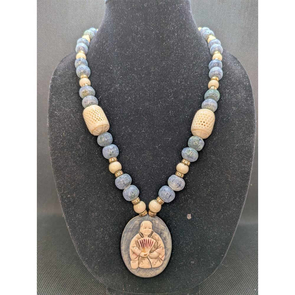 Asian Long Ivory Colored Blue Bead Necklace Oval Pendant 30.5" & "Silver" Clasp